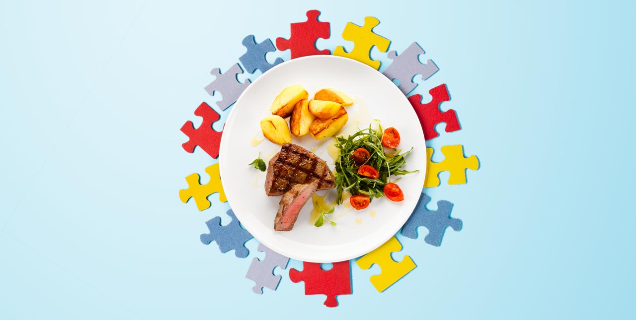 photo illustration of a neatly arranged plate of food with puzzle pieces surrounding it