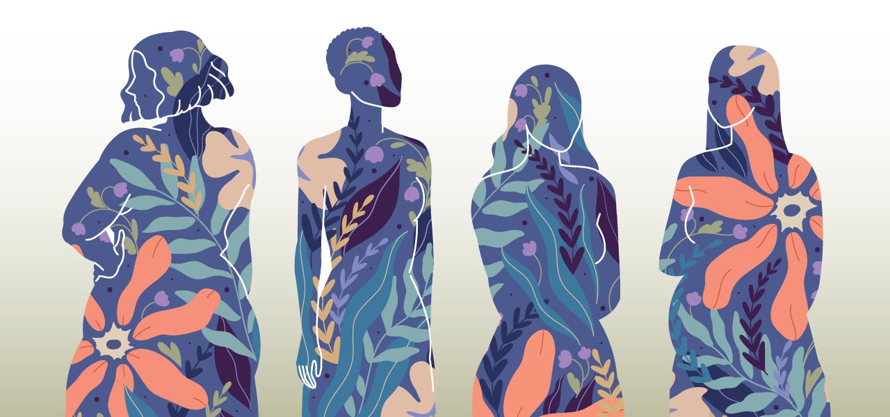 abstract illustration of differently shaped women wrapped in floral pattern
