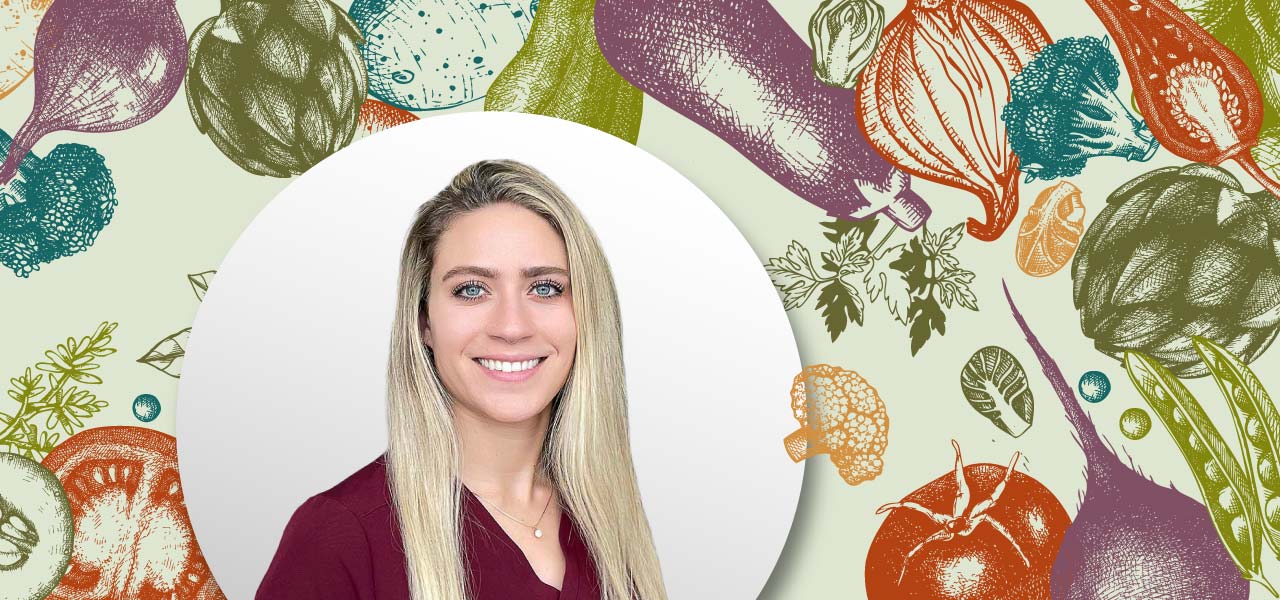 Kimberly Manna headshot over illustration montage of vegetables