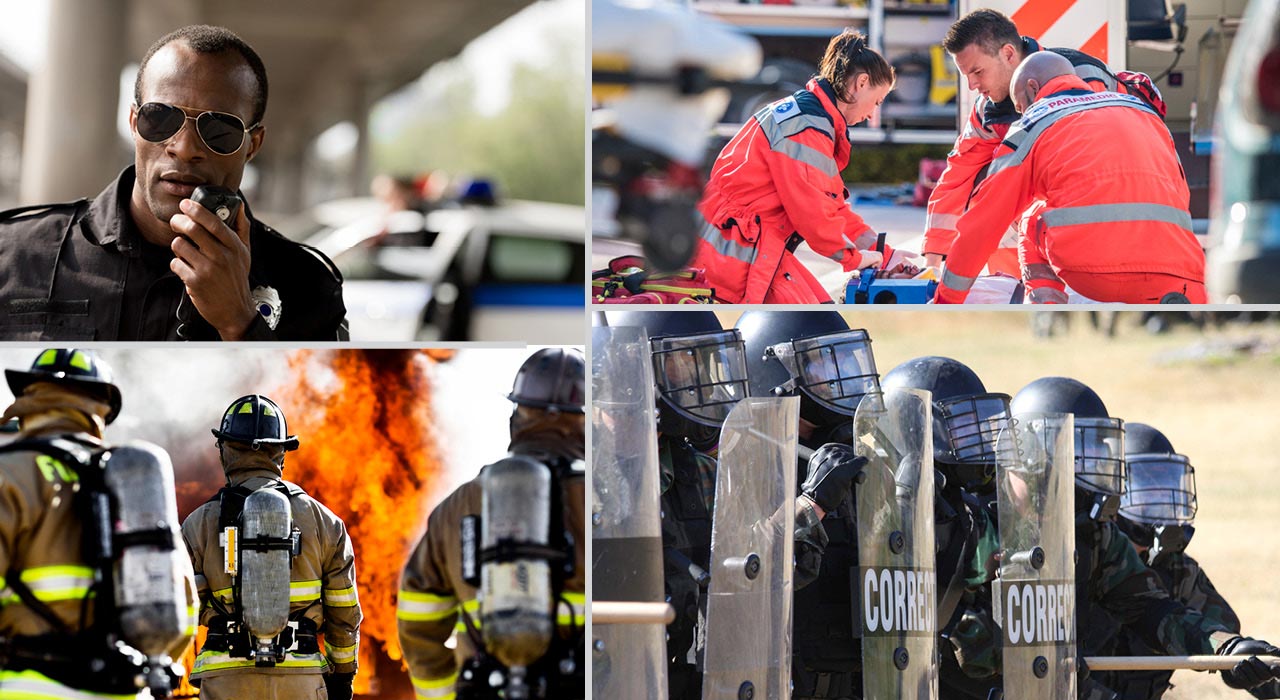 Montage of first responders: police, EMTs, firefighters, and correctional officers