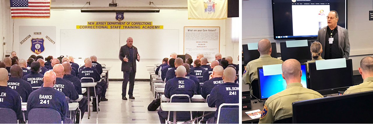 Photo montage of conducting First Responders mental health training sessions: (1) Ken Burkert with corrections officers (2) Dr. Michael Bizzarro with sheriff's officers