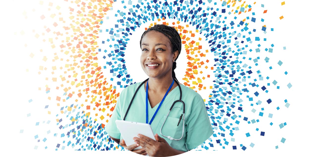 photo illustration of nurse with two paths swirling around her