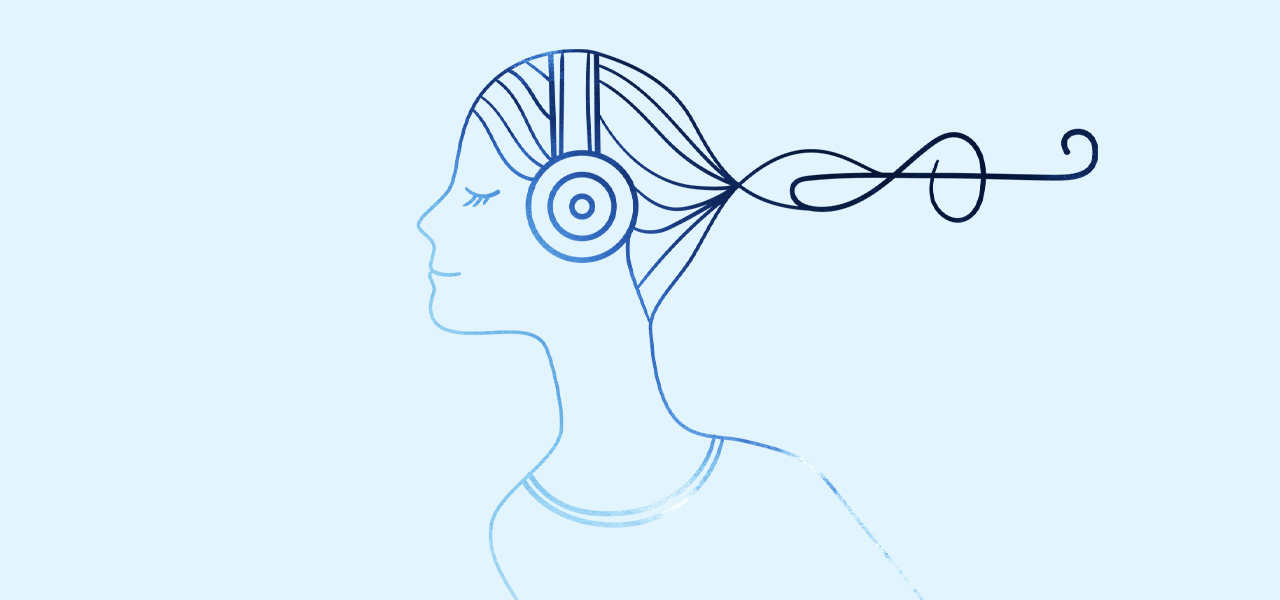 abstract illustration of woman listening to music on headphones while her hair illustrates a treble clef