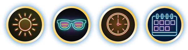 Icons depicting the sun, sunglasses, a clock, and a calendar.