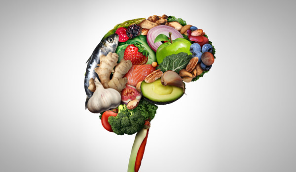 Photo montage of healthy foods forming the shape of a brain