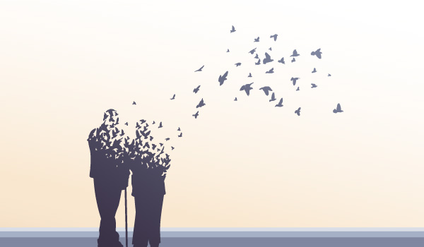 illustration depicting grief as a couple fading into birds flying away