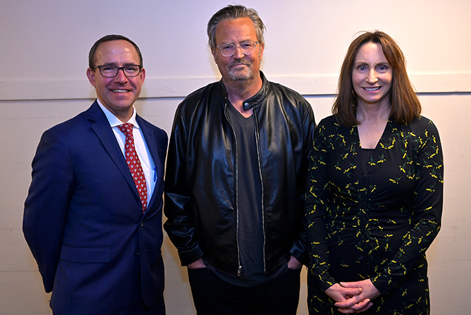James Demetriades (left), CEO of Penn Medicine Princeton Health, and Marguerite Pedley, Senior Vice President, Princeton House Behavioral Health, with actor and author Matthew Perry