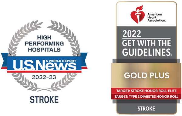 Seals illustrations: high performing in stroke care by U.S. News & World Report, and AHA/American Stroke Association’s Get With The Guidelines® Stroke Gold Plus Quality Achievement Award.