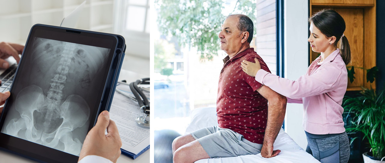 Photo montage of doctor looking at a spine x ray on a tablet, and therapist working with a patient