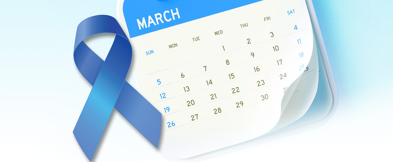 Photo montage of blue ribbon and March calendar