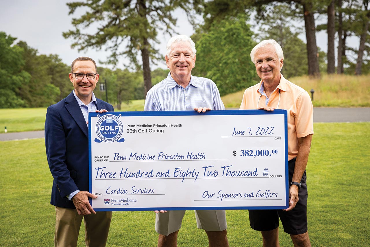 Photo of (left to right): Golf Outing Committee Co-Chairs James Demetriades, CEO, Penn Medicine Princeton Health; Fred Price, Managing Director, Financial Services Group, Piper Sandler; and Penn Medicine Princeton Medical Center Foundation Chairman W. Thomas Gutowski, MD.