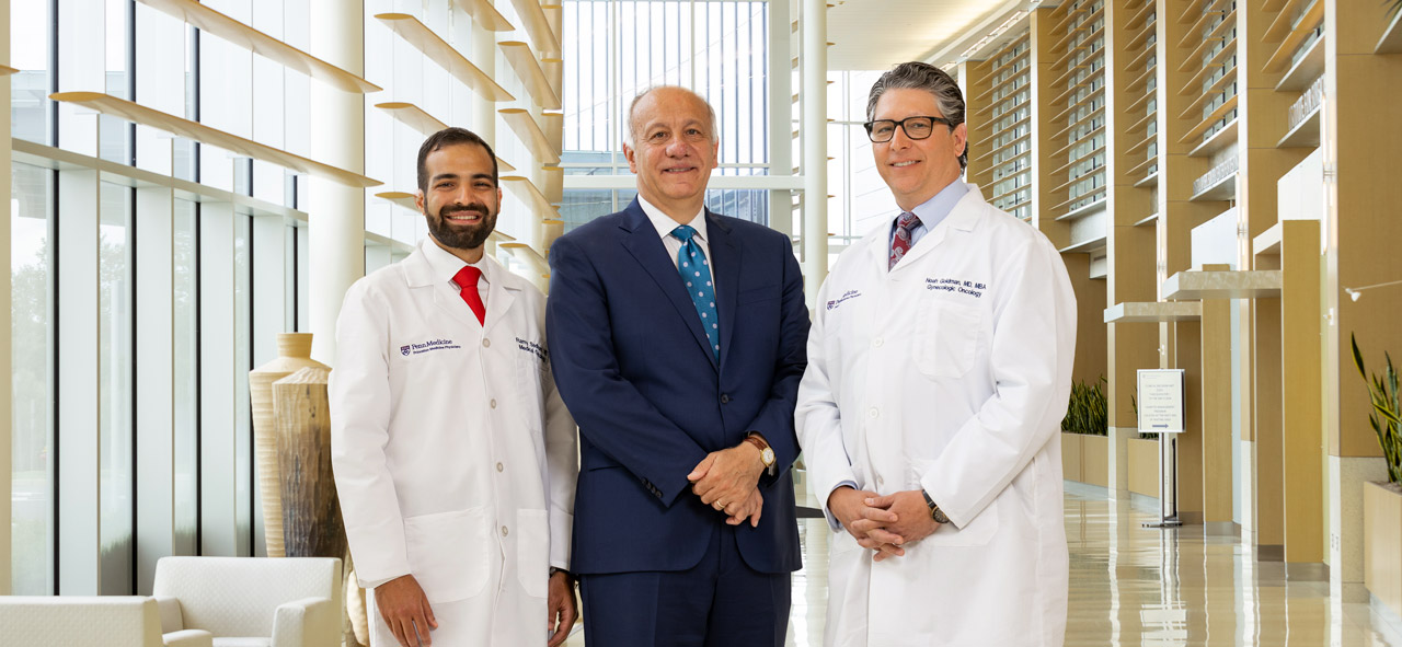 photo of Ramy Sedhom, MD, Medical Director of Medical Oncology and Palliative Care, Penn Medicine Princeton Health; John Damonti, President of the Bristol Myers Squibb Foundation, Vice President of Corporate Philanthropy and Patient Assistance; and Noah Goldman, MD, Medical Director of Cancer Center Programs, Penn Medicine Princeton Health